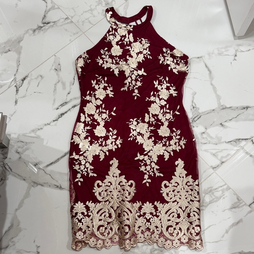 Bluebelle Burgundy Floral Lace Mini Dress